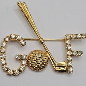 Vtg Gold Tone Golf Ball Club Brooch Pin Rhinestone Sports Outdoors Gift Stmt